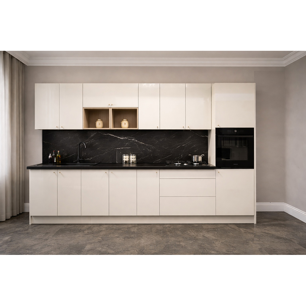 Mobila bucatarie Stevia, PAL, 330 x 60 x 216 cm, crem lucios