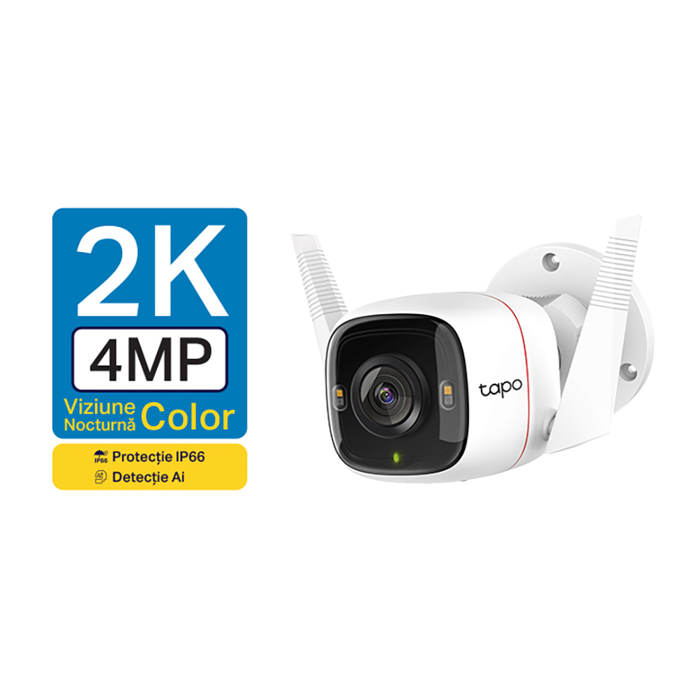 Camera IP Wireless exterior TP-LINK Tapo C320WS, 4MP, QHD 1440p, IR, Night Vision, Alb