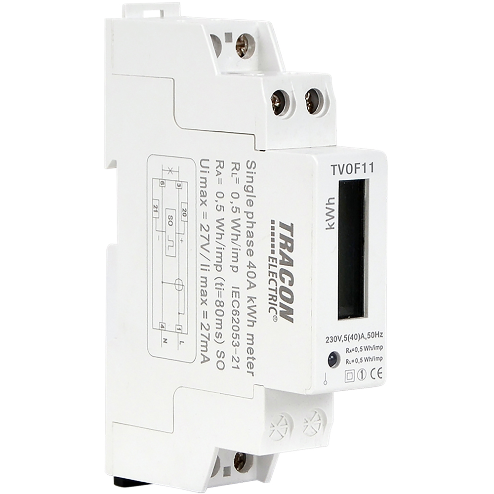 Contor electric monofazat TRACON TC01833, sina DIN, 40A, IP20, alb
