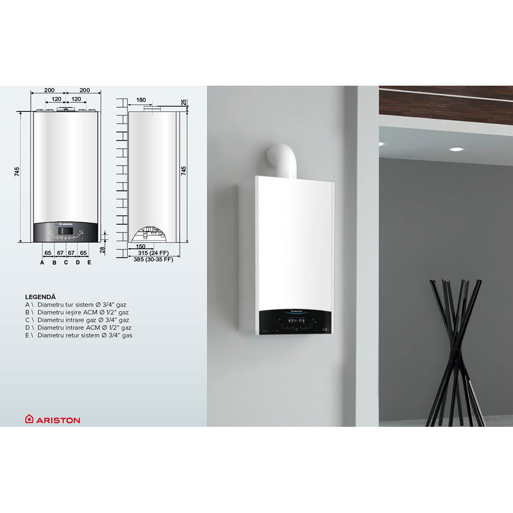 Centrala termica pe gaz in condensare ARISTON Genus One+, 24 kW, WiFi, Schimbator de caldura inox, Kit evacuare inclus, 3+2 ani extragarantie