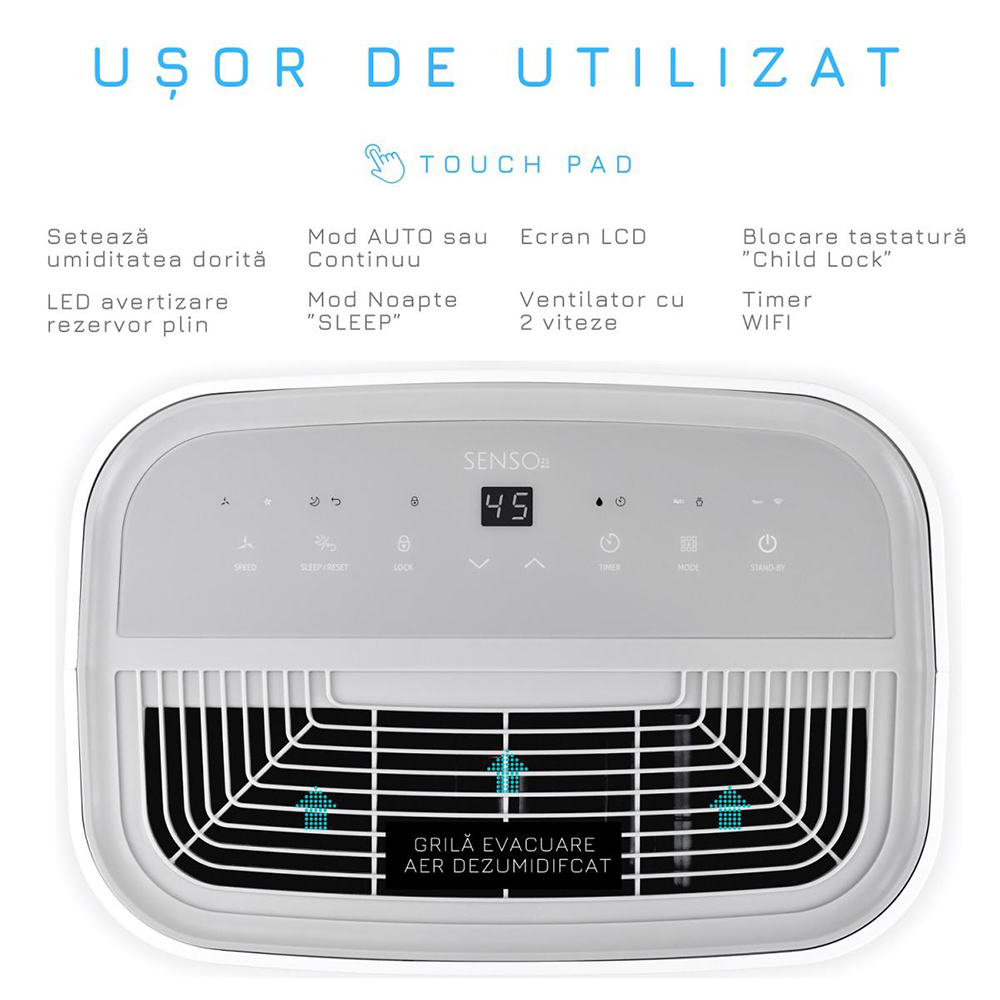 Dezumidificator aer Turbionaire SENSO 25, 25l/zi, 250W, Wi-Fi, 45dB, 180 m/h, Timer, alb