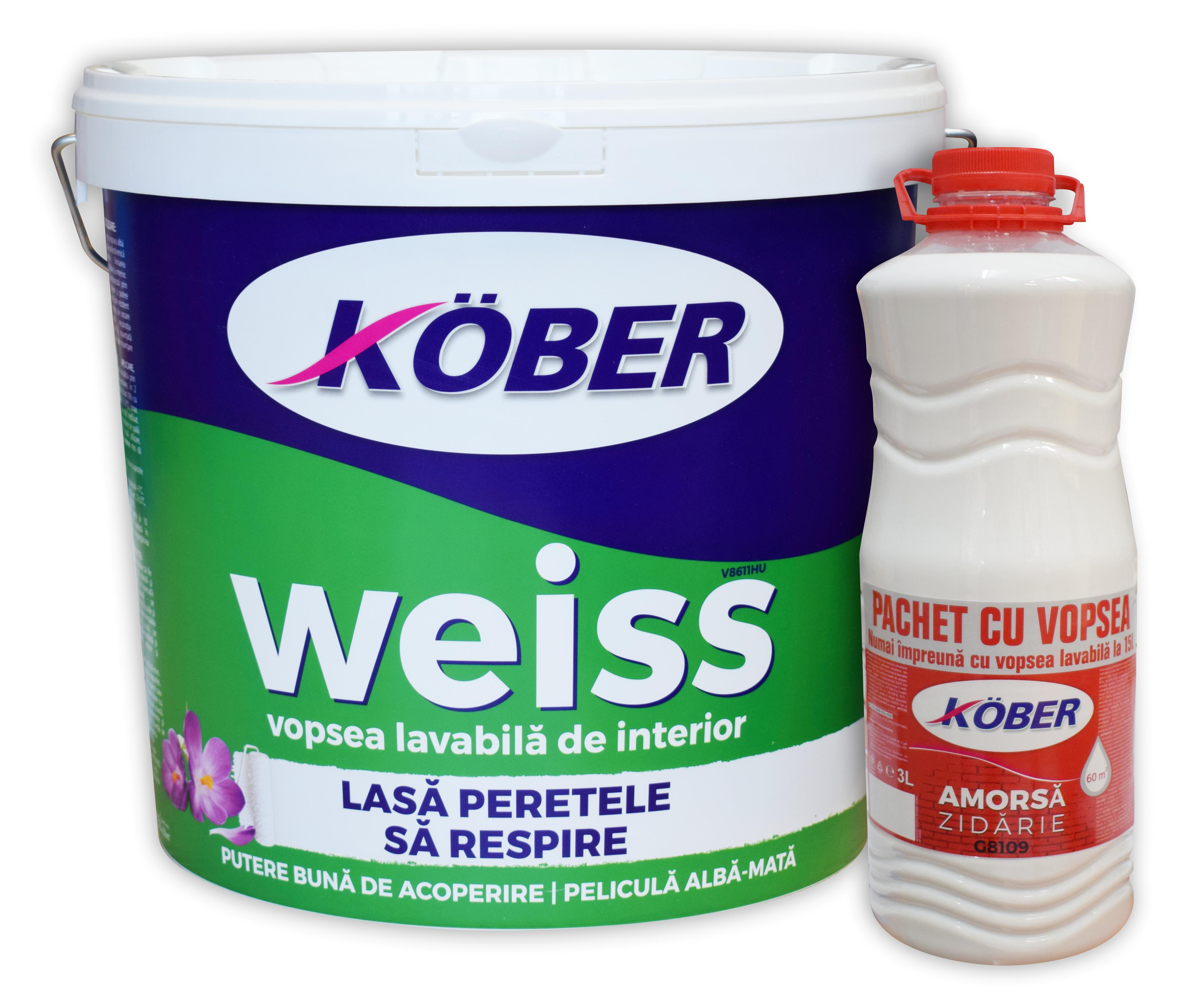 Vopsea lavabila Kober Weiss, alb, 15 L, Interior + amorsa zidarie 3 L 