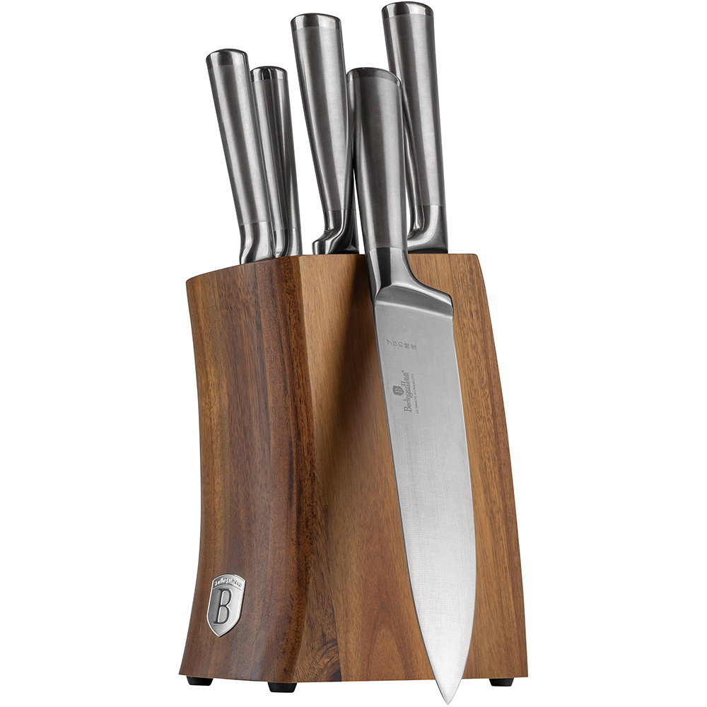 Set cutite BERLINGER HAUS BH/3124 + suport lemn, 5 piese, otel, 9-20cm, argintiu