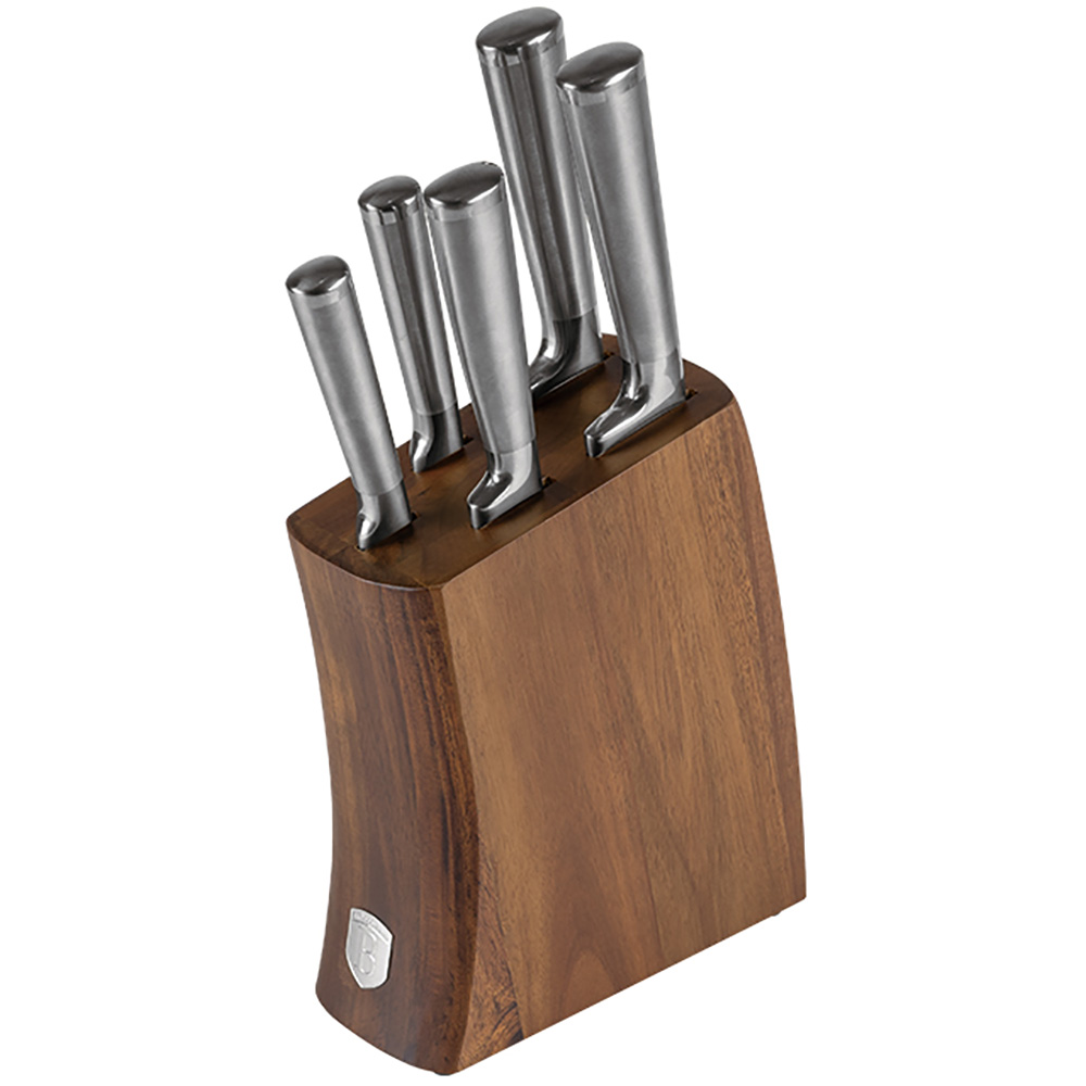 Set cutite BERLINGER HAUS BH/3124 + suport lemn, 5 piese, otel, 9-20cm, argintiu
