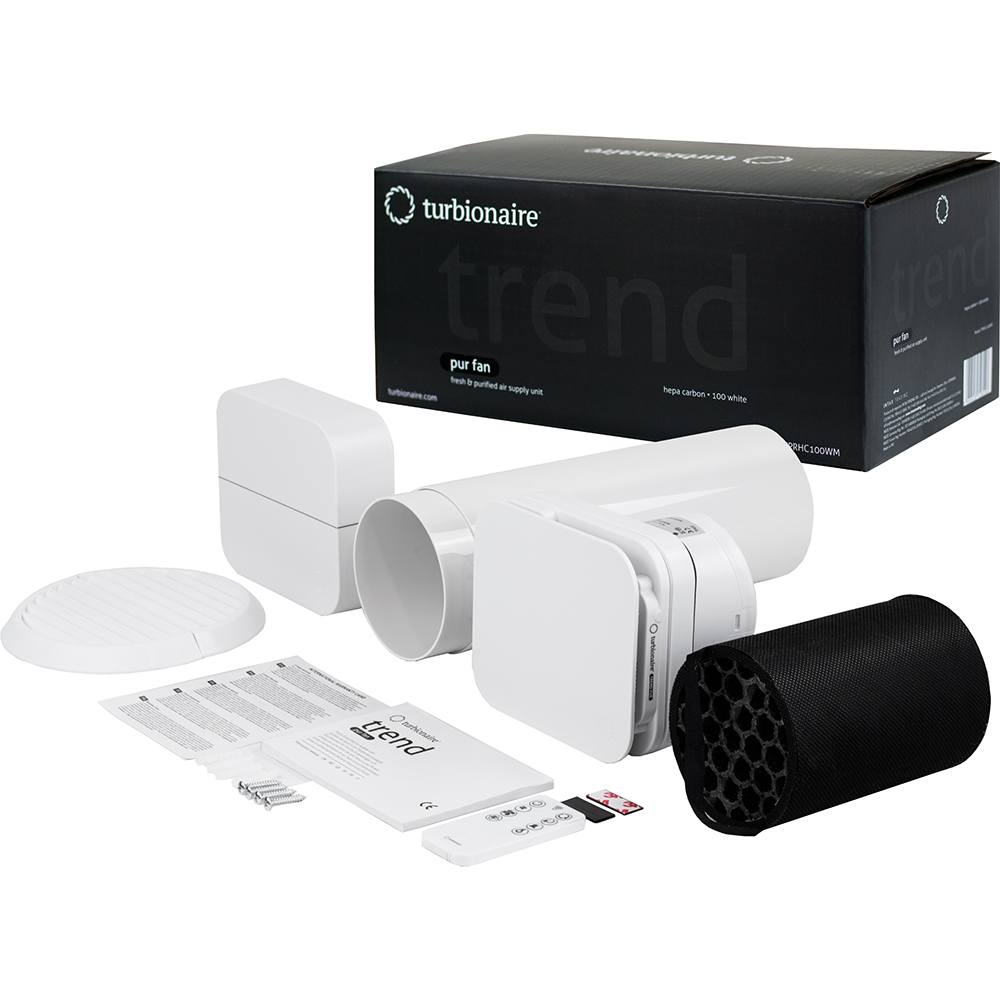 Unitate de aport si purificare aer proaspat Turbionaire Trend PUR Fan, 7 viteze, timer, ventilatie continua, 2W, 29mc/h, 100mm, alb