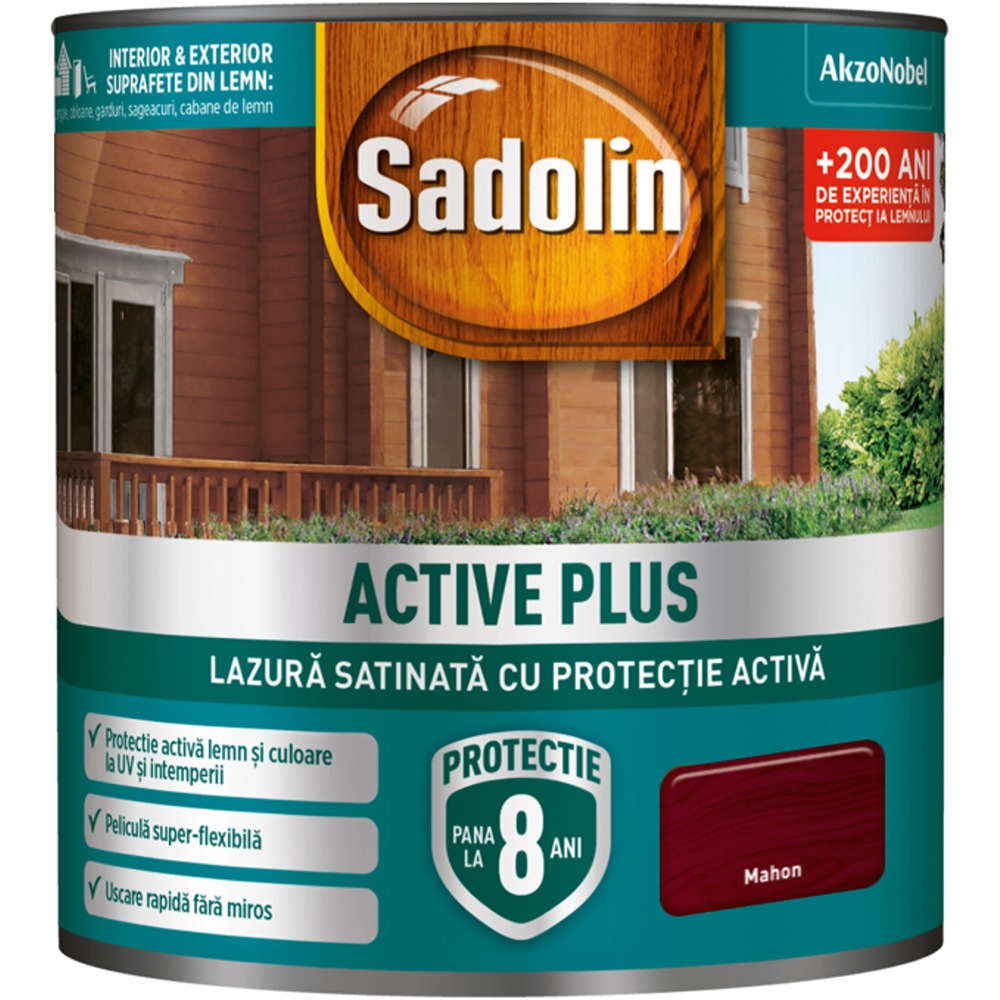 Lazura satinata Sadolin Active Plus, mahon, 0.75 l