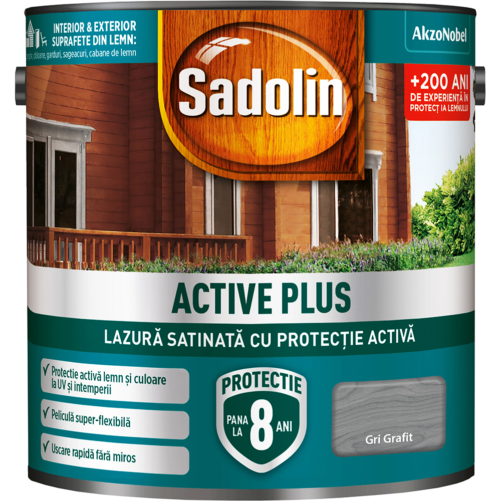 Lazura satinata Sadolin Active Plus, gri grafit, 2.5 l