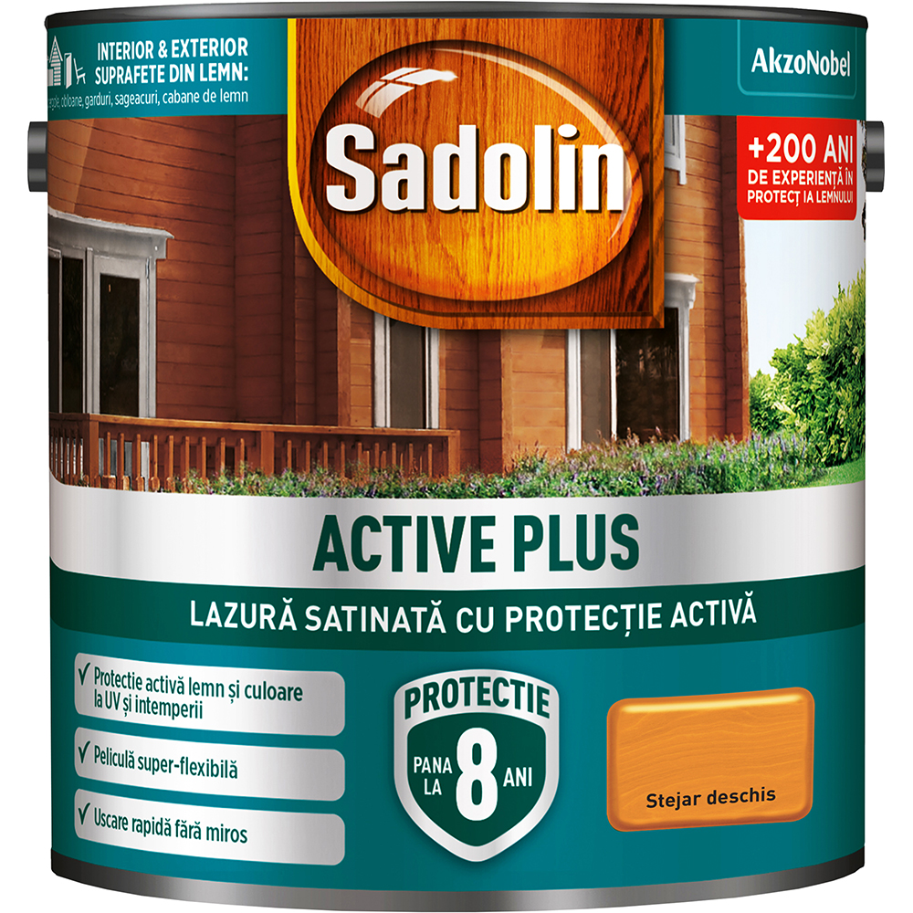Lazura satinata Sadolin Active Plus, stejar deschis, 2.5 l