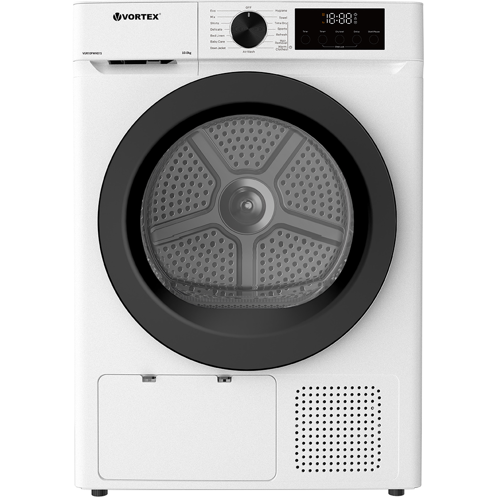 Uscator de rufe VORTEX VUR10PWH01S, Pompa de caldura, 10 kg, 15 programe, Clasa E, alb
