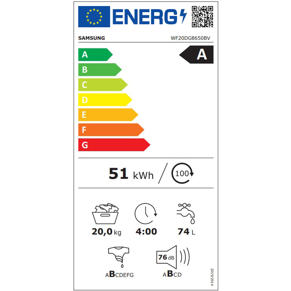 Masina de spalat rufe frontala SAMSUNG WF20DG8650BVU4, AI Ecobubble, 20 kg, 1000rpm, Clasa A, Wi-Fi, negru