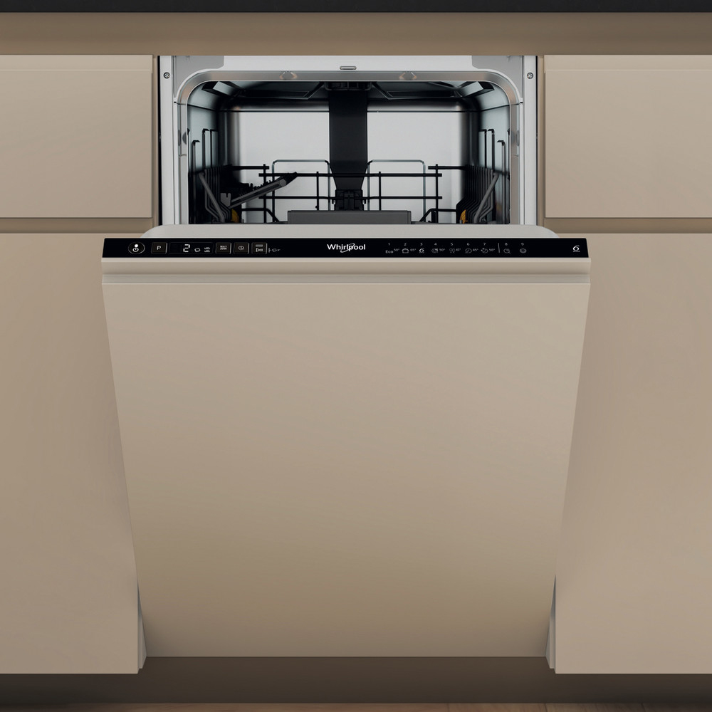 Masina de spalat vase incorporabila WHIRLPOOL WH2IC10BS7LA0, 6th Sense, 10 seturi, 9 programe, 45 cm, Clasa C, panou comanda negru