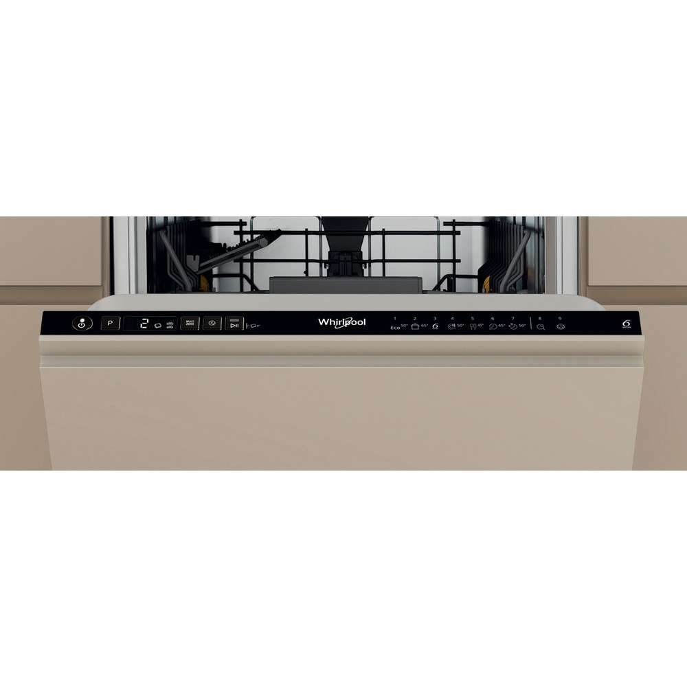 Masina de spalat vase incorporabila WHIRLPOOL WH2IC10BS7LA0, 6th Sense, 10 seturi, 9 programe, 45 cm, Clasa C, panou comanda negru