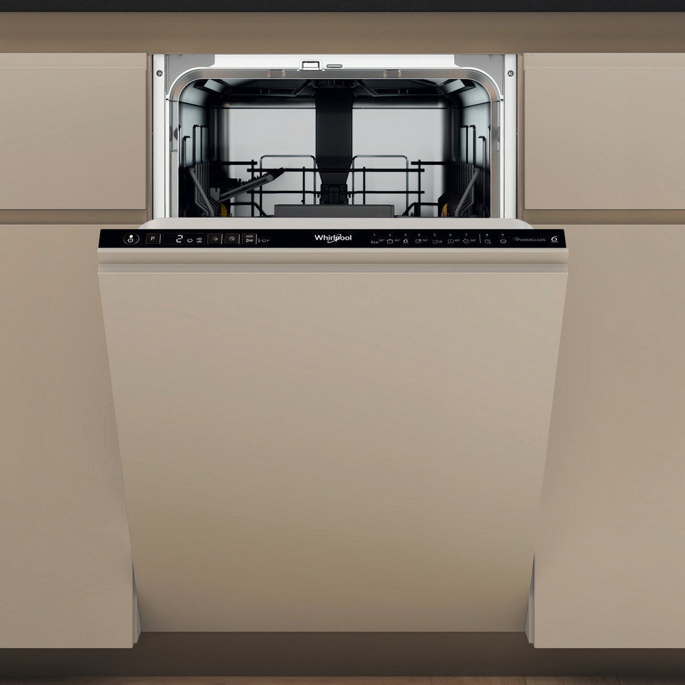 Masina de spalat vase incorporabila WHIRLPOOL WH3ID10BS7SA0, 6th Sense, 10 seturi, 9 programe, 45 cm, Clasa D, panou comanda negru