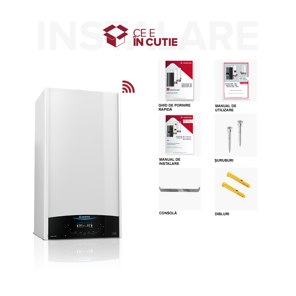 Centrala termica pe gaz in condensare ARISTON Genus One+, 30 kW, WiFi, Schimbator de caldura inox, Kit evacuare inclus