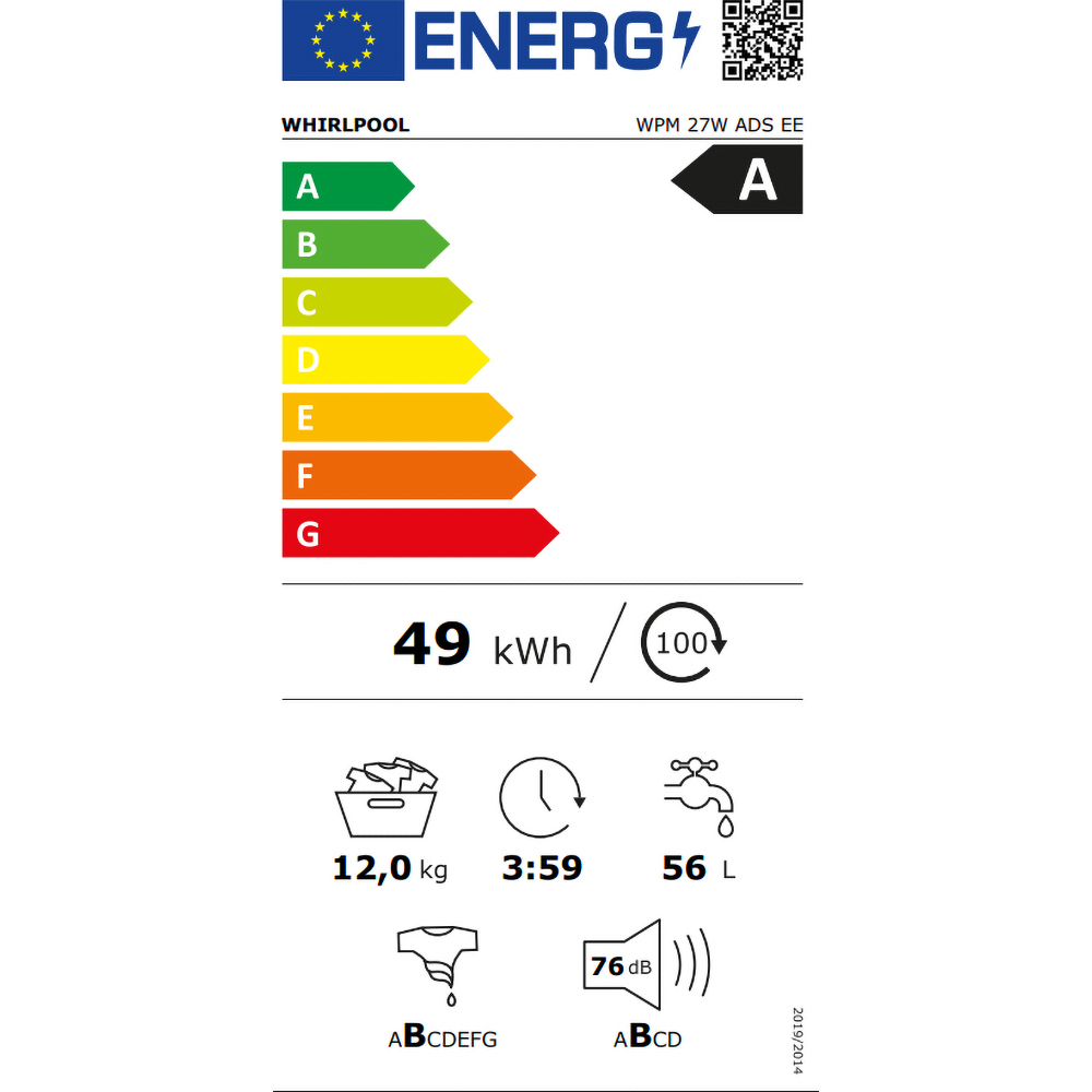 Masina de spalat rufe frontala WHIRLPOOL WPM 27W ADS EE, 6th Sense, Steam, 12 kg, 1400rpm, Clasa A, alb