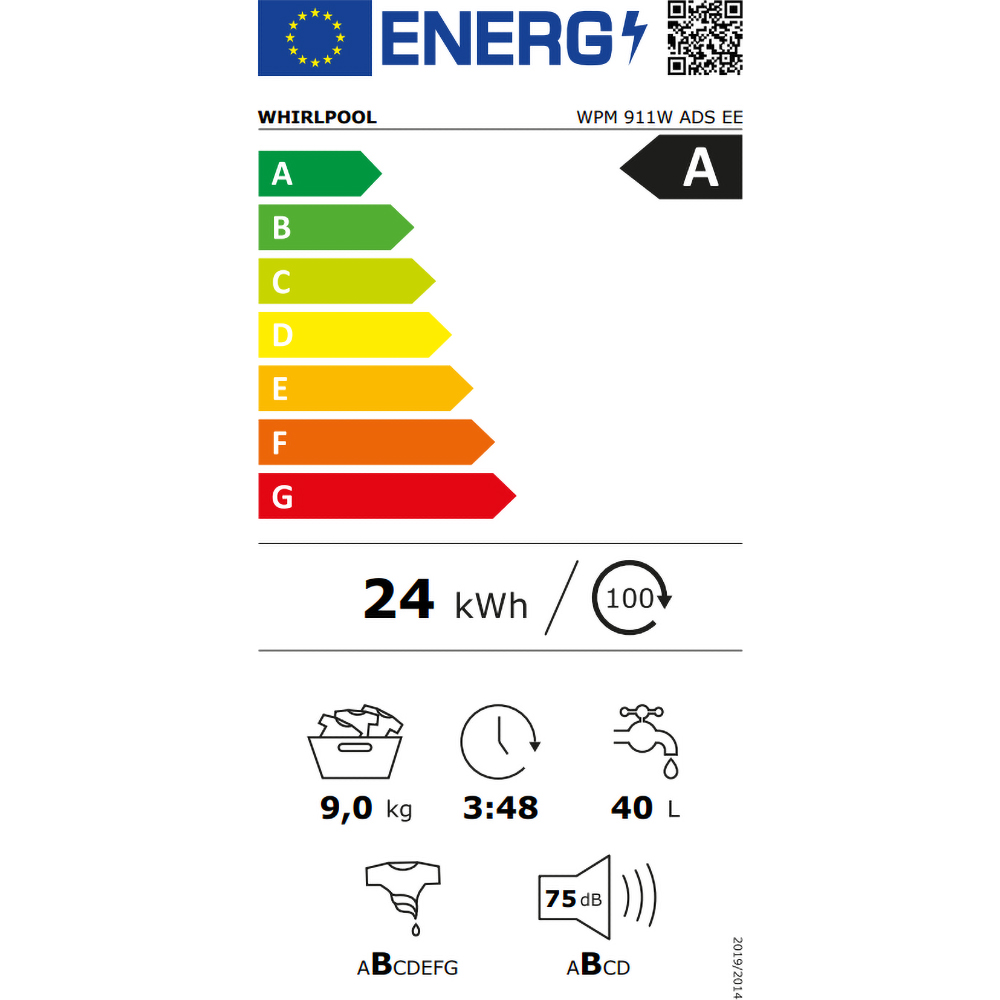 Masina de spalat rufe frontala WHIRLPOOL WPM 911W ADS EE, 6th Sense, Steam, 9 kg, 1400rpm, Clasa A, alb