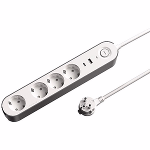 Prelungitor JACOBSEN, 4 prize Schuko, 2 porturi USB, alb/gri