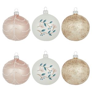 Set globuri Craciun, sticla, 8 cm, roz-alb, 6 bucati