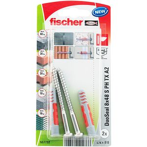 Set de 2 dibluri duopower 8x48 mm cu holsurub de inox A2 pentu fixari etanse in zone constant umede  Fischer