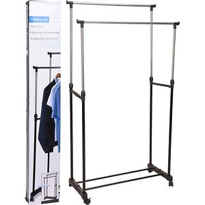 Cuier tip stander dublu pe roti, otel, 80 x 42 x 90-160 cm, crom